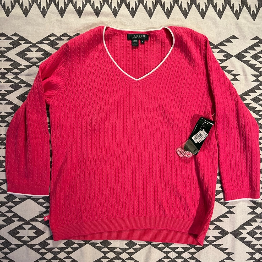 Ralph Lauren 3/4 length sleeve Cable Knit Sweater Pink Med New with Tags